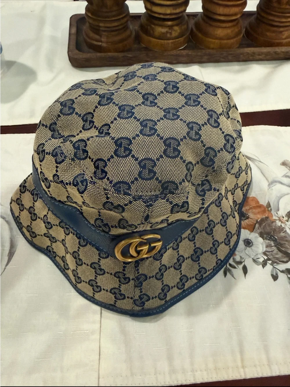 Gucci Beige and Navy GG Monogram Bucket Hat with Gold Double-G